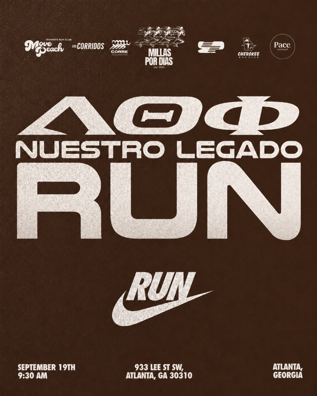 Nuestro Legado Run flyer: September 19th at 9:30 AM, 933 Lee St SW, Atlanta, GA 30310.